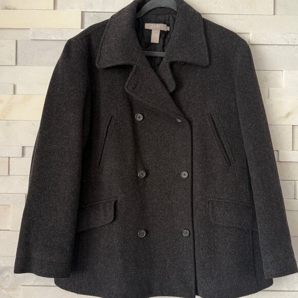 J CREW Double Breasted Wool Cashmere A-Line Peacoat Jacket Charcoal L Academia - Picture 1 of 8